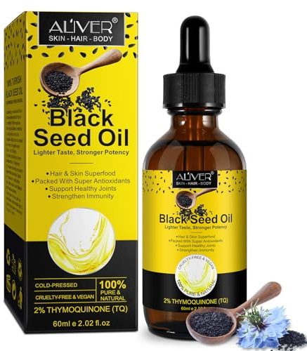 Schwarzkümmelöl Bio Black Seed Oil, 100% Rein Schwarzkümmelöl Kaltgepresstes Nigella Sativa, reich an Omega 3 6 9, unterstützt Immunsystem, Gelenke, Verdauung, Haarwachstum und Haut, 2,02 fl oz