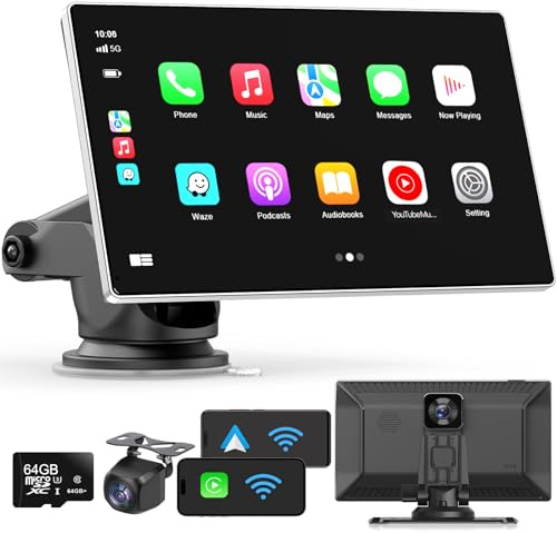 Madoec Portable Apple Carplay Screen for Car, 9 Wireless Apple Carplay & Android Auto,4K Dash Cam,1080p Backup Camera DVR,Car Audio Receivers GPS Navigation Mirror Link, Bluetooth,FM, Siri