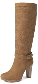 QUEEN HELENA Stivali Alti Traforati con Tacco con Zip Laterale Casual Donna X30-111 (Cuoio, Sistema Taglie Calzature EU, Adulto, Donna, Numero, Media, 39)