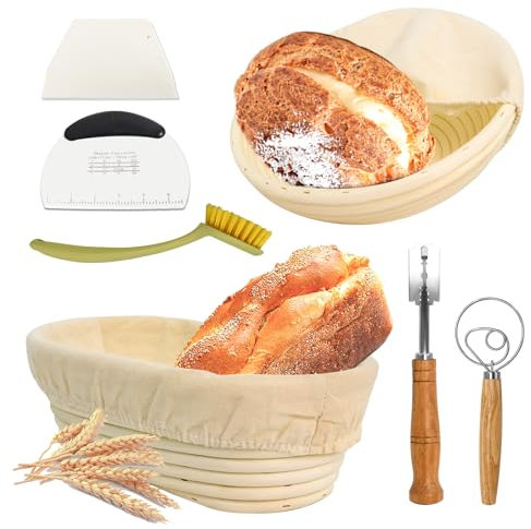 Gekufa 2 Stück Gärkörbchen(23cm rund & 25cm oval), Natürliches Rattan gärkorb brot Set, inklusive Bäckermesser, Pinsel und Leinenbezug(14pc), ideal für Heim Backen, Gärkörbchen für brot