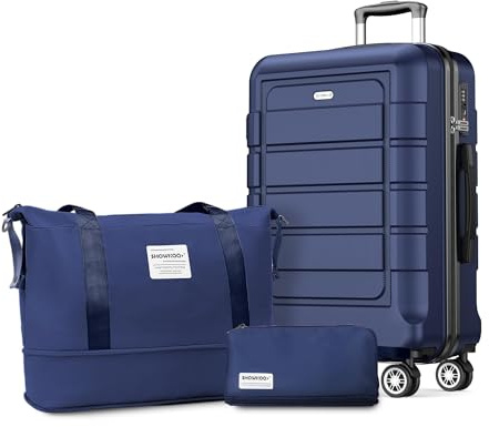 SHOWKOO Koffer Mittelgroß Hartschale Leicht ABS+PC Erweiterbar Reisekoffer Kabinen Haltbar Handgepäck Sets 4 Rollen TSA-Schloss mit 1 Reisetasche und 1 Kulturtasche, L -Blau