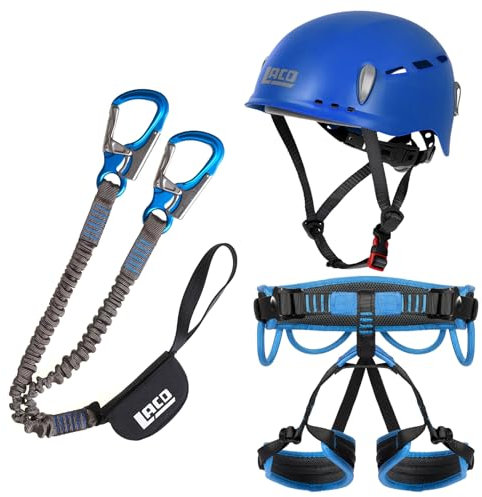 LACD Klettersteigset Pro Blue + Klettergurt Start + Helm Protector 2.0 Blue (Größe S (Taille = 68-100cm, Bein = 40-60cm))