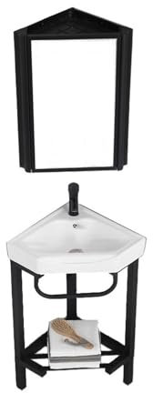 Lavabo Salle de Bain Lavabo de salle de bain d'angle avec support de rangement en acier inoxydable, lavabo triangulaire en céramique, lavabo autoportant avec robinet, drain et miroir Évier Lave Main(D