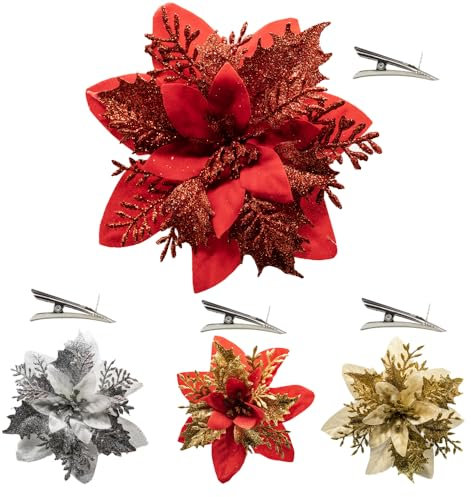 Bonny*D 12 Fiori Albero di Natale 14 CM, Decorazioni Natalizie Luccicanti, Addobbi Natalizi Resistenti, Addobbi Albero Di Natale, Fiori Natalizi Per Decorazioni con Ganci Di Montaggio Inclusi