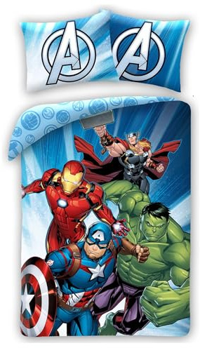 Halantex Juego de ropa de cama infantil de los Vengadores, funda nórdica de 140 x 200 cm + funda de almohada de 70 x 90 cm, 100% algodón, certificado Öko Tex