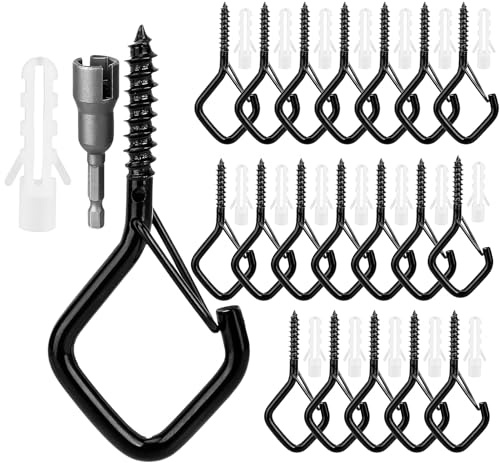 Gaodeding 20-Piece Ceiling Hooks with Safety Clasps - 40-Pound Load, Black Metal Screw Hooks - Indoor and Outdoor Use, for Hanging Plants, Light Strings, Bird Cages, Wind Chimes for Garden/Patio