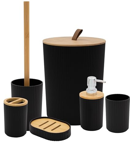 Juego de accesorios de baño Anika/Juego moderno de accesorios esenciales de baño/Incluye soporte para cepillo de dientes, cubo de basura, escobilla de baño, vaso, plato de jabón y dispensador de jabón