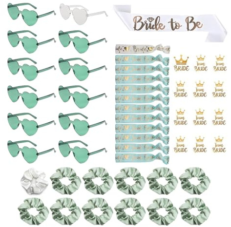 49 Stück Jga Accessoires Frauen, JGA Brille Team Braut Haargummi Armbänder für Junggesellenabschied Frauen, 1Bride to be schärpe +12 Herzförmige Brille +12 Haargummi+12 Armband+12 Aufkleber, JGA Deko