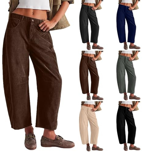 MASUCOR Barrel Corduroy-byxor för Kvinnor Trendiga Medelhög Midja Vida Ben Baggy Cropped Relax Fit Stretchbyxor Ankelbyxor Y2K Stil Streetwear Casual Baggy Byxor(Brown,L)