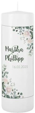 Herz & Heim® Personalisierte Hochzeitskerze mit Namen & Datum – Individuelle Traukerze – Romantische Kerze für Hochzeit & Jubiläum – Verschiedene Motive – Geschenk zur Eheschließung (Rosen)