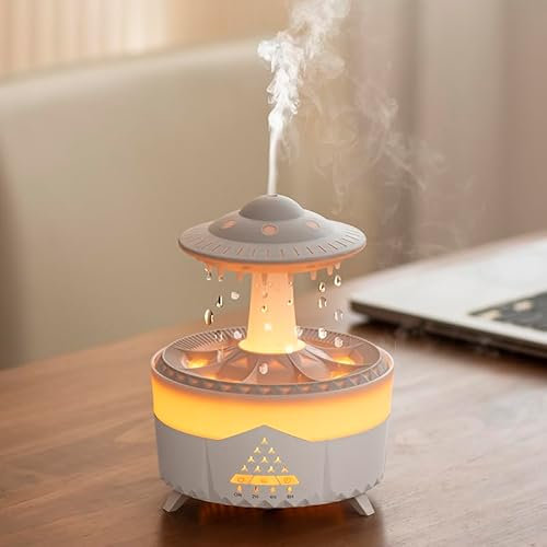 Vurlexat 2-in-1 Oil Diffuser and Humidifier, 350ml Essential Oil Diffuser Humidifier with Remote Control, UFO-Shaped Aromatherapy Diffuser Aroma Diffuser with Light and Raindrop Effect(White-UK-plug)