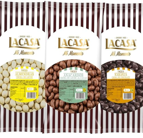 Lacasa Pack 3kg de bolas: Almendra con chocolate Blanco,Anacardo leche, de naranja con chocolate Negro
