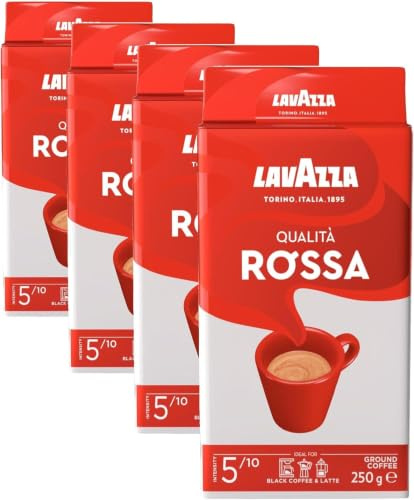Lavazza, Qualità Rossa, Café Molido Natural, Ideal para Cafetera Italiana, de Filtro y Francesa, con Notas Aromáticas de Chocolate, Arábica y Robusta, Intensidad 5, Tueste Medio, 250 g (Paquete de 4)