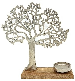 LivuX Kerzenhalter Baum auf Mangoholz-Sockel aus Metall in Silber für Teelicht Maße 31x33x8 cm Edle Dekoration für Wohnräume und besondere Anlässe 1138