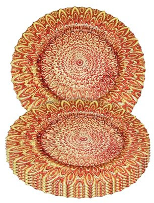 Red Glass Charger Plate with Luxury Peacock Design – 33cm Round Underplate for Weddings, Decorations, Parties, Special Events, Anniversaries, Birthdays, Catering, and Tableware - 6 Pcs