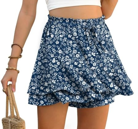 PrinStory Pantalones cortos con volantes para mujer, cintura alta, pantalones cortos con cordón, falda casual de verano, pantalones cortos de pierna ancha