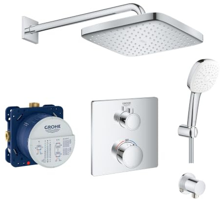 Grohe Duschsystem mit Unterputz Duscharmatur von Grohe Regendusche mit Armatur, Duschkopf eckig, Wandarm Dusch-SET GK03 poliert