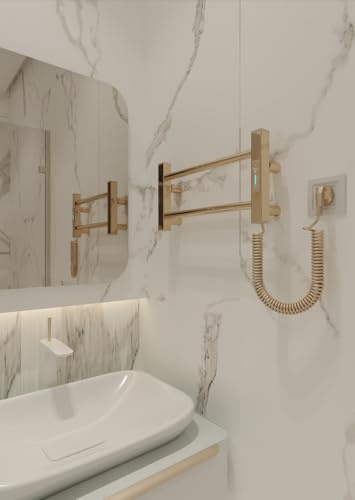 Elna Gold Mini - Toallero eléctrico de 35 W, 205 x 530 mm, radiador compacto para baño, acero inoxidable, acabado dorado, con temporizador y termostato, IP44, montaje en pared para inodoro de