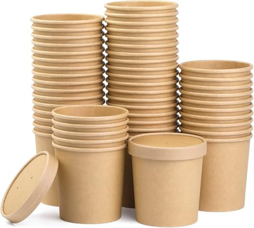 VIVAAS 50 X 16oz Disposable Soup Containers with Lids Paper Bowl Brown Kraft Takeaway Paper Soup Cups Takeaway Tubs for Hot or Cold Food Ice Cream, Dessert, Sundae, Frozen Yogurt, Deli Containers