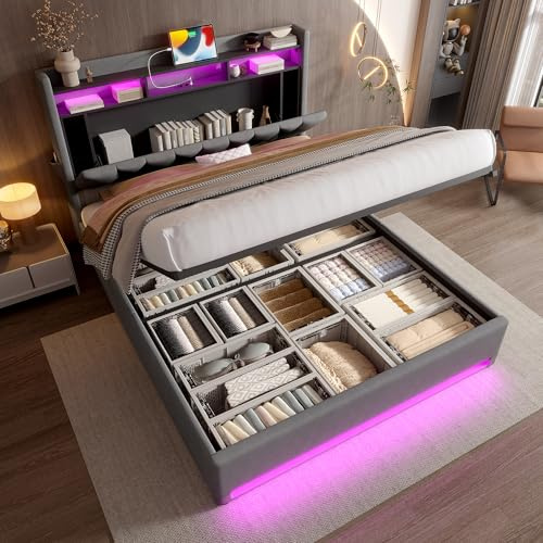 RIAZOS Polsterbett 140x200, Stauraum-Kopfteil mit USB Type-C-Ladefunktion | Doppelbett mit Hydraulischem Stauraum, LED-Beleuchtung, Bettrahmen für Jugendliche und Erwachsene, Grau, ohne Matratze