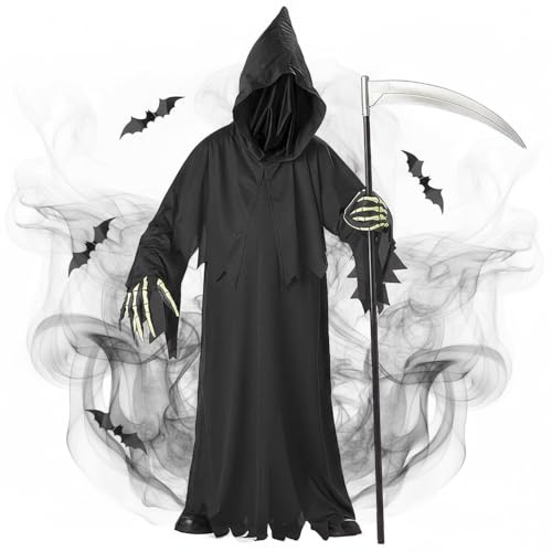 Halloween Costume Adulti Bambino Grim Reaper Costume Halloween Uomo e Donne Cosplay Outfit Mantello Nero con Cappuccio Con Maschera Guanti e Falce per Carnevale Feste e Cosplay (Children-100CM)