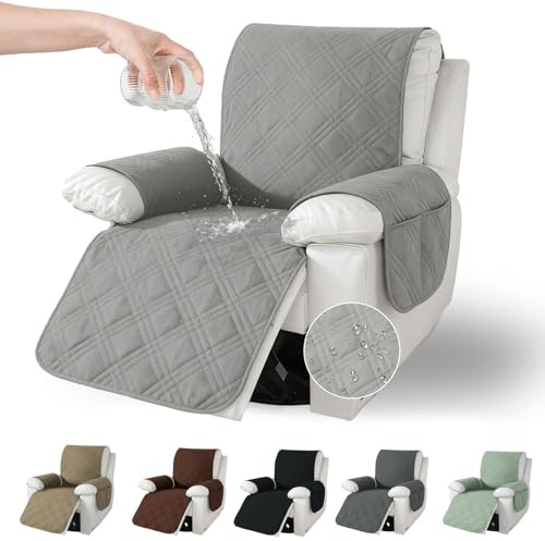Jinfanshurich Housse de fauteuil avec poches, antidérapante et lavable, pour fauteuil relax et fauteuil TV, protection parfaite contre les poils d'animaux, les taches et l'usure (gris clair)