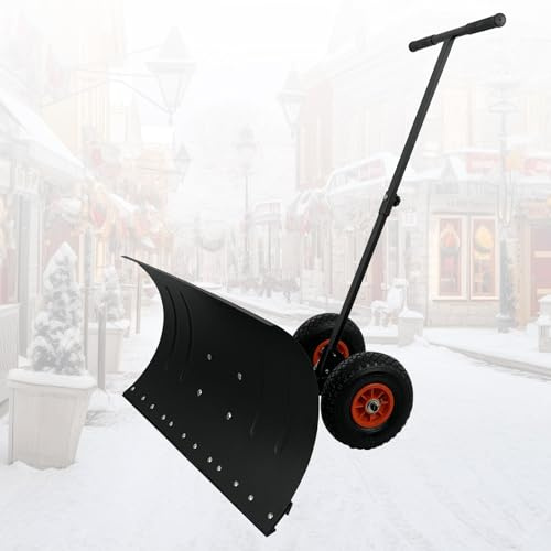 Schneeschaufel auf Rädern mit Ergonomischem Stahlstiel，5-Fach Höhenverstellbar,Komfortables Schneeräumen,Rückenschonender Schneeschieber,Schneeschild 75cm Arbeitsbreite-Höhe 42 cm，Schneeschippe