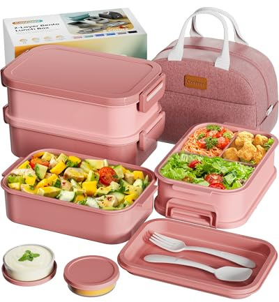 Adults Bento Box with Insulated Lunch Bag, 74oz Capacity 3 Stackable Leak-Proof Bento Box Built-In Utensil and Sauce, PFAS & BPA-Free, Microwave & Dishwasher Safe (Rose Pink)
