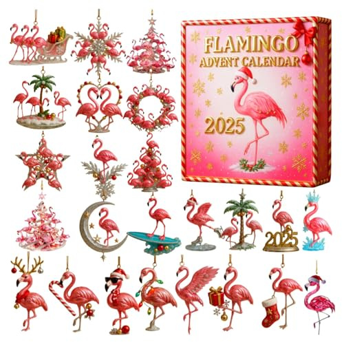 2025 Flamingo Adventskalender - 24 Einzigartige Flamingo Weihnachtsschmuck, festliche Flamingo-Themen-Dekorationen, für Weihnachtsbaum, FlamingoLovers, Sammler