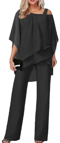 Byxdress dam, elegant vintage 2-delat set, outfit med tyll, kvällsdräkt, set, tvådelad chiffongskjorta och hög midja, cocktail, festlig, byxkostym, elegant 2 delar