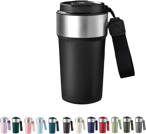 Maideduo Insulated Travel Mug 510ml,Leakproof Stainless Steel Thermal Coffee Cup with Carry Strap, 3 Drinking Modes, Keeps Hot/Cold for Hours, Car Office Commute Mug, Gift Idea (Black)