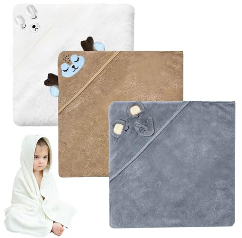LIULINY 3 delar baby morgonrock, 80 x 80 cm nyfödd handduk, söta babyhanddukar med huva mjuk absorberande djurmönster för barn små spädbarn (vit grå kaffe)