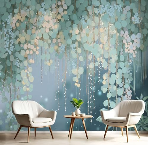 Carta Da Parati Foglie Di Eucalipto Acquerello 3D Effetto 200X140Cm Carta Da Parati Murale Piante Naturali Turchese Fotomurale Facile Da Installare Sala Pranzo Corridoio Fotomurale Da Parete