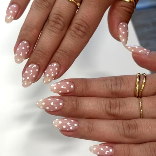 Ceboic 24PCS Nägel Zum Aufkleben Mittel Mandel, Weiße Punkte French Press on Nails, Natürlich Nude Kunstnägel Fake Nails, Ballerina Künstliche Fingernägel, Full Cover Acryl Falsche Nägel für Frauen