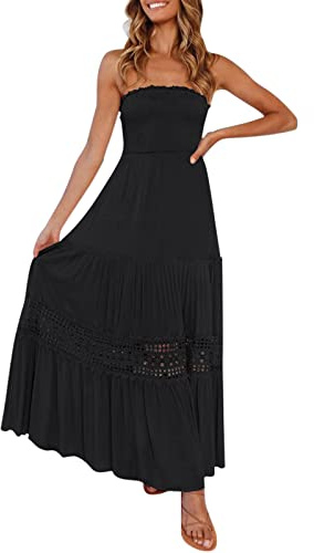 Générique Robe Coton et Lin pour Femme Robe De Plage Boho Bretelle d'été Femme Haute Taille Volants A Ligne Maxi Robes Bandeau Respirant la Plage Vacances Fête Summer Dress