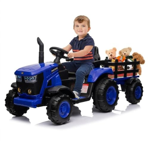 Aptliton Elektrischer Traktor für Kinder mit abnehmbarem Anhänger, 12 V, Doppelmotor, 35 W, elektrisches Auto, ferngesteuert, mit LED-Licht und Musik, für Kinder ab 3 Jahren