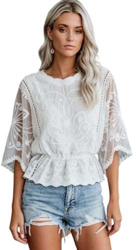 APGLSXY Spets broderi lös passform volang fåll peplum skjorta genomskinlig utsvängd ärm topp rund hals vardaglig blus lätt skjorta, Vitt, L