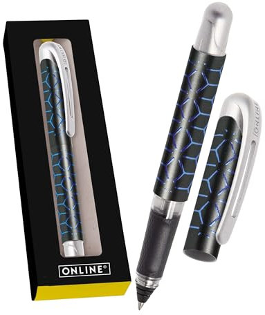ONLINE College „Blue“ Tintenroller mit Patrone I Ergonomischer Rollerball für Rechts- & Linkshänder mit blau-schwarzem Design I Tintenroller Kinder 0.5 mm I inkl. blauer Kombipatrone I Made in Germany