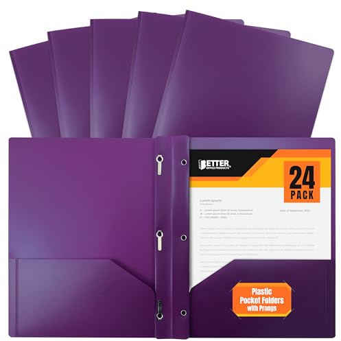 Better Office Products Purple Plastic 2 Pocket Folders with Prongs, Heavyweight, Letter Size Poly Folders, 24 Pack, with 3 Metal Prongs Fastener Clips, Purple