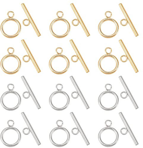 PandaHall 12 Sets 304 Edelstahl Runde Ring Knebelverschlüsse 2 Farben Steckverbinder Endverschlüsse mit T-Verbindungsstücken Metallverschluss für Armband Halskette Schmuck DIY Handwerk Machen