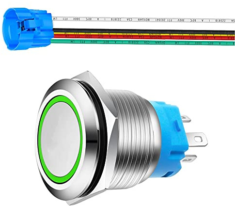 Gebildet 22mm Acero Inoxidable Pulsador Momentáneo 230V AC 3A LED 1NO1NC SPDT Encendido/Apagado Impermeable con Enchufe de Cable (LED Verde)