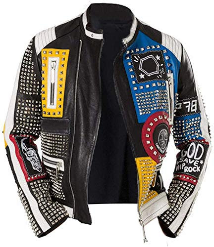 Herren Motorradjacke Punk Rock World Nieten Retro Mehrfarbig Biker Lederjacke - Multi - XXXL