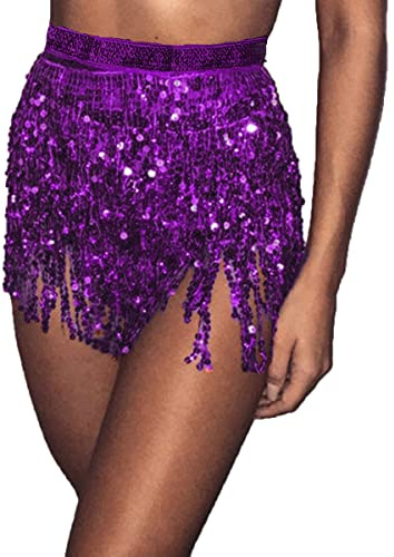 Bufenia Damen Bauchtanz Hüftrock Quaste Pailletten Hüftschal Riemchen Wrap Rave Röcke Halloween Kostüm Club Festival (Violett)