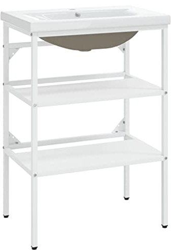 vidaXL Home Bathroom Washbasin Frame with Built-in Basin Home Bathroom Console Sink Frame Washbasin Stand Wash Basin Furniture White Iron