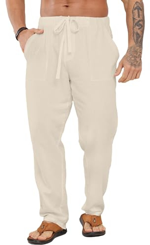 LVCBL Herren Stoffhose Leinenhose mit Kordelzug Sommer Strandhose Khaki M