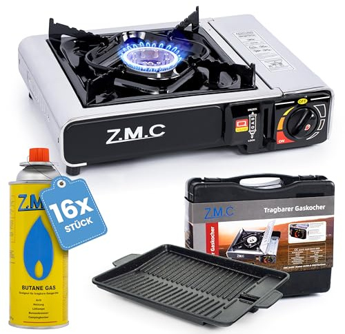 Z.M.C Gaskocher Campingkocher 1-flammig Edelstahl + Grillplatte + 16x Gas | Zündung ohne Feuerzeug | ca. 160 g/h | Plancha zum Braten | robuster Aufbewahrungskoffer