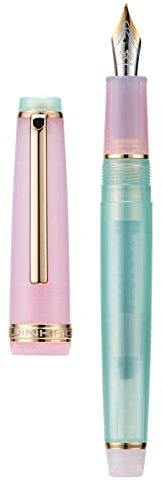 Jinhao 82 Fountain Pen, Golden Trim Fine Nib, Pink and Lake Blue Transparent Barrel with Converter