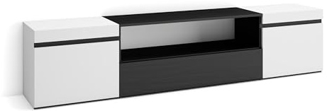 Skraut Home | TV-Schrank, Lowboard | für Wohnzimmer und Esszimmer | 200x45x35cm | Für TV-Geräte bis zu 80 | Fernsehtisch | Moderner Stil | Weiß und Schwarz