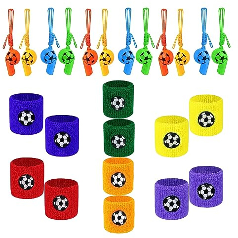 12Stück Trillerpfeife Kunststoffpfeifen+12Stück Schweißband Handgelenksband | Trillerpfeife Fußball Schweißband Kinder Set für Party Sport Gefälligkeiten