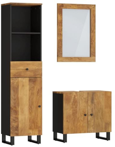 vidaXL Badmöbel Set 3 tlg., Waschbeckenunterschrank mit Holzbeinen, Spiegel für Badezimmer, Badspiegel Badschrank Badezimmerschrank Hochschrank, Massivholz Mango